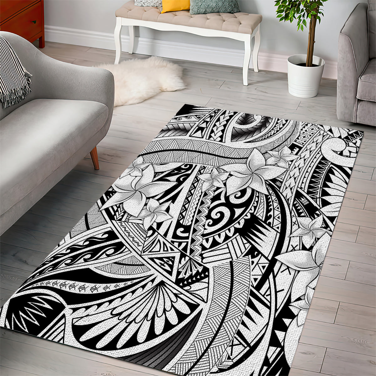 Polynesia Area Rug Tribal Polynesian Spirit With White Pacific Flowers LT9 - Wonder Print Shop