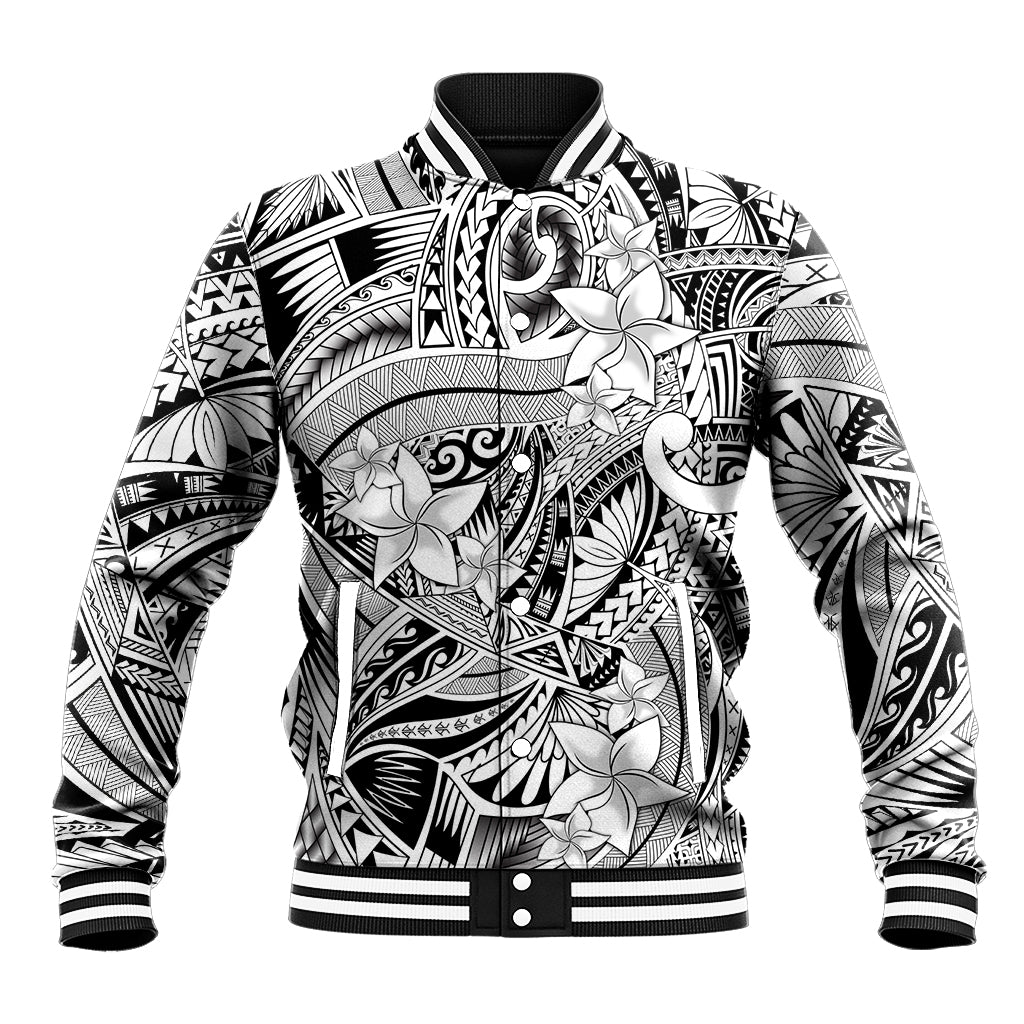 Polynesia Baseball Jacket Tribal Polynesian Spirit With White Pacific Flowers LT9 - Wonder Print Shop