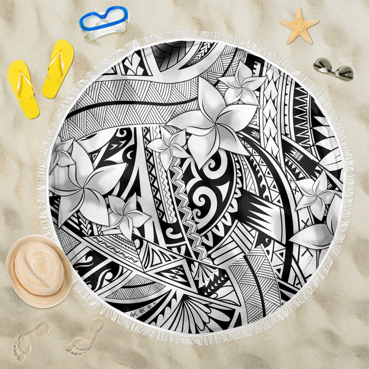 Polynesia Beach Blanket Tribal Polynesian Spirit With White Pacific Flowers LT9 - Wonder Print Shop