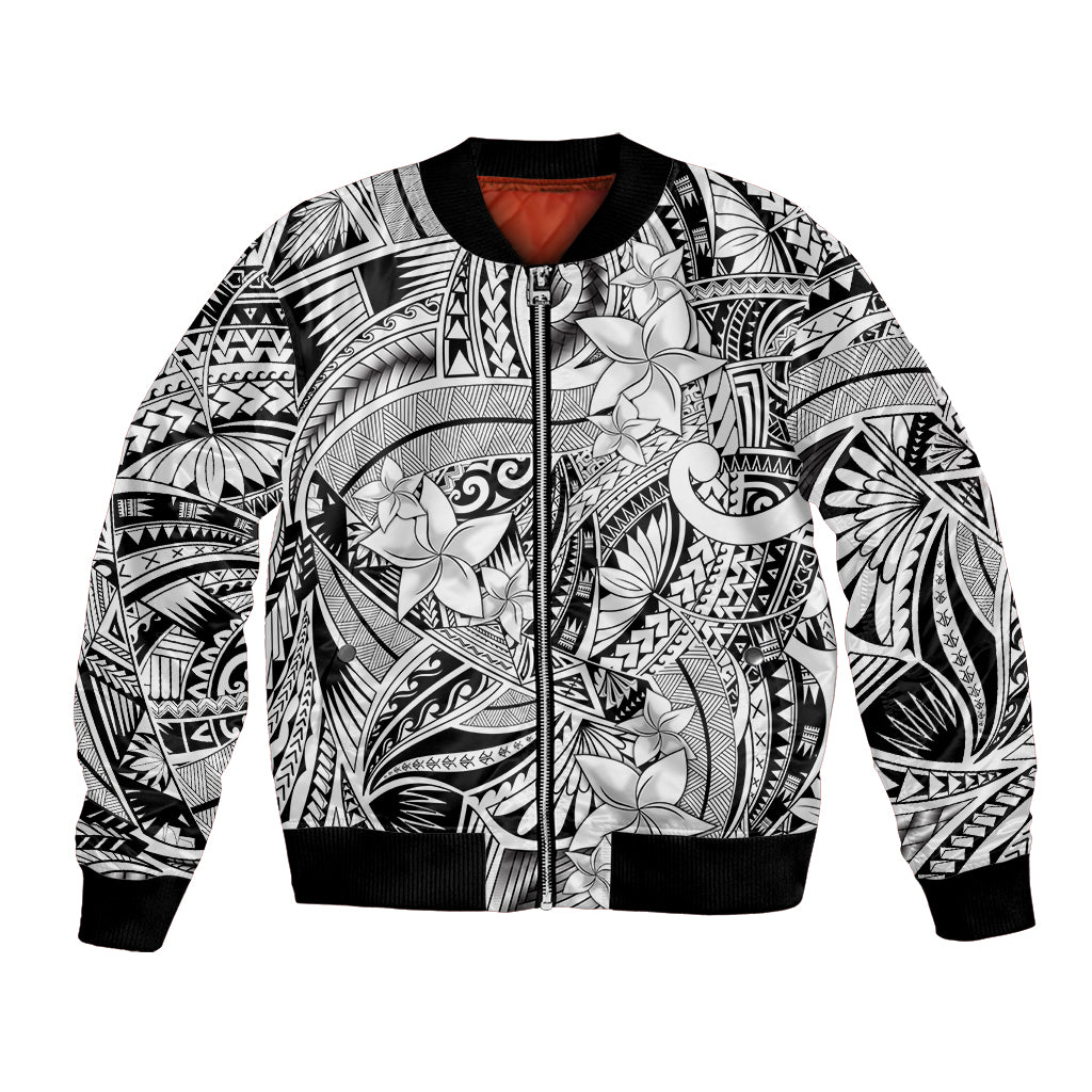 Polynesia Bomber Jacket Tribal Polynesian Spirit With White Pacific Flowers LT9 - Wonder Print Shop