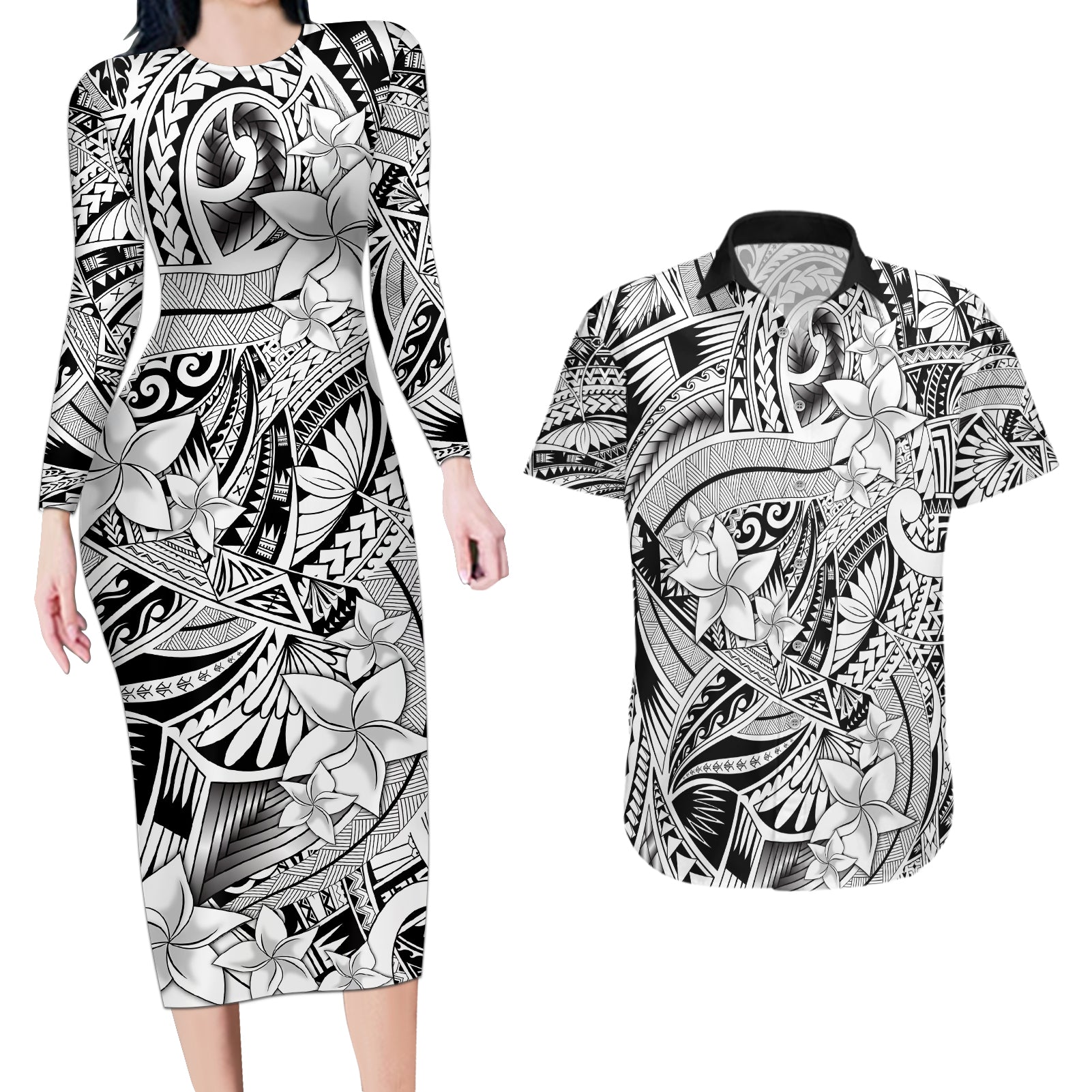 Polynesia Couples Matching Long Sleeve Bodycon Dress and Hawaiian Shirt Tribal Polynesian Spirit With White Pacific Flowers LT9 - Wonder Print Shop