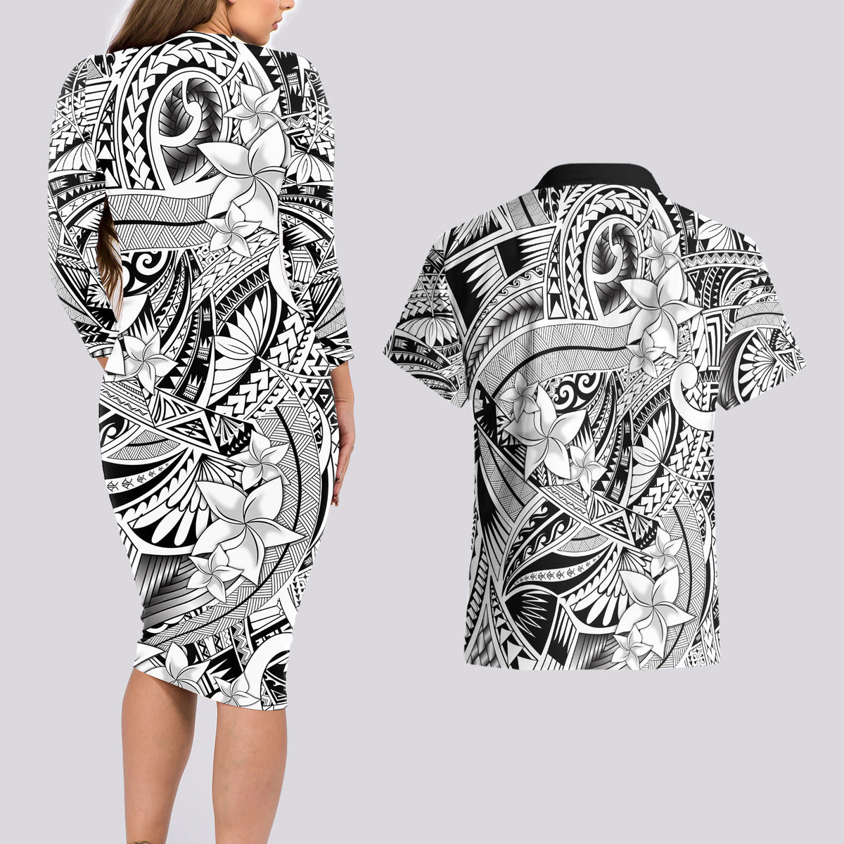 Polynesia Couples Matching Long Sleeve Bodycon Dress and Hawaiian Shirt Tribal Polynesian Spirit With White Pacific Flowers LT9 - Wonder Print Shop