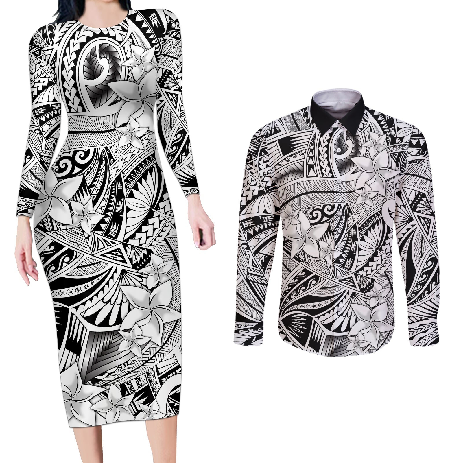 Polynesia Couples Matching Long Sleeve Bodycon Dress and Long Sleeve Button Shirt Tribal Polynesian Spirit With White Pacific Flowers LT9 - Wonder Print Shop