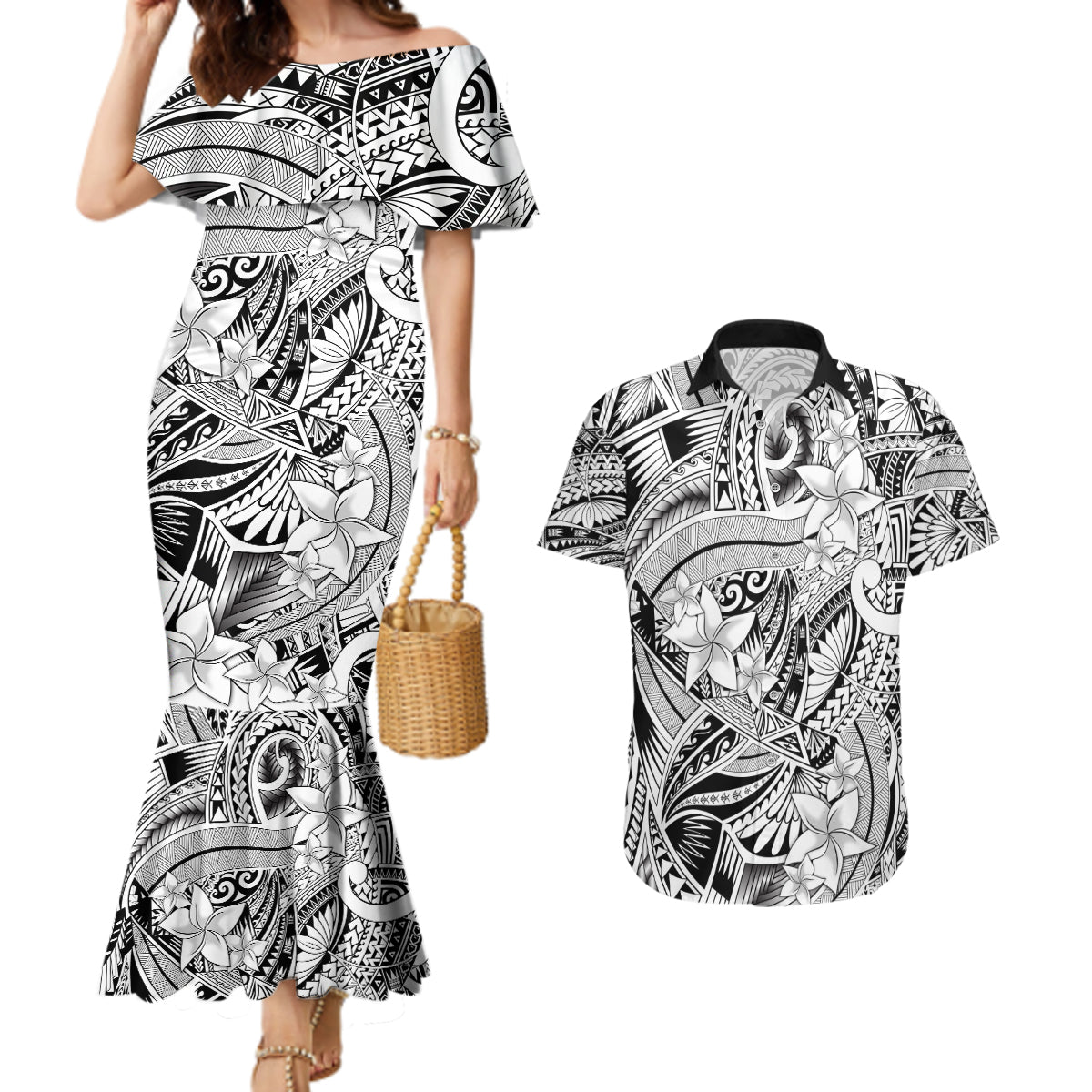 Polynesia Couples Matching Mermaid Dress and Hawaiian Shirt Tribal Polynesian Spirit With White Pacific Flowers LT9 - Wonder Print Shop