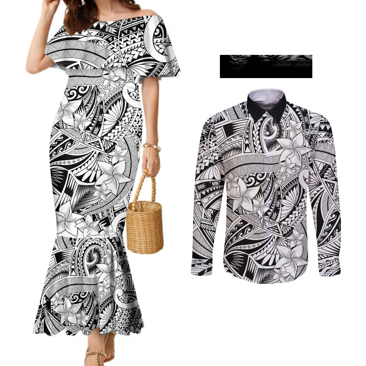 polynesia-couples-matching-mermaid-dress-and-long-sleeve-button-shirt-tribal-polynesian-spirit-with-white-pacific-flowers