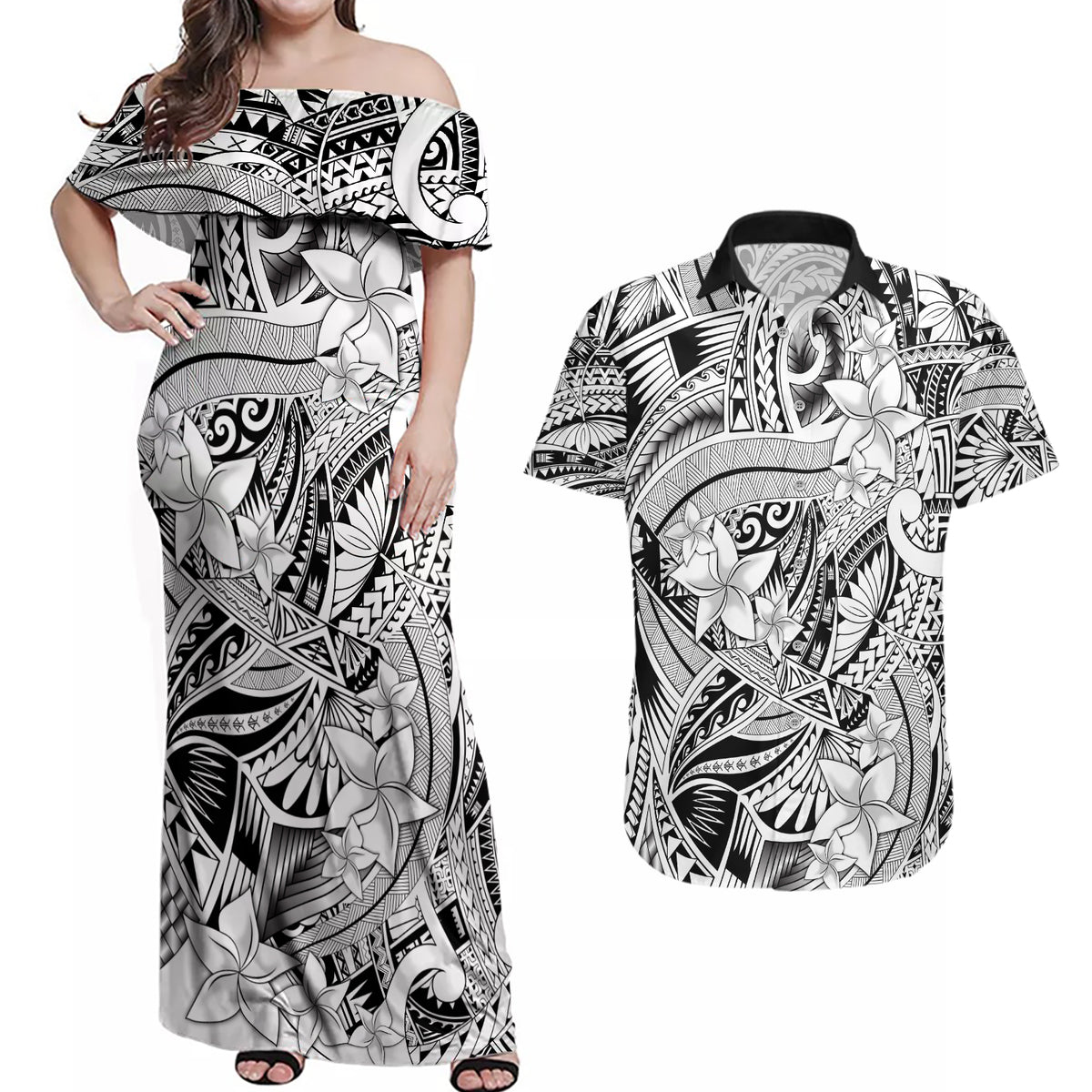 Polynesia Couples Matching Off Shoulder Maxi Dress and Hawaiian Shirt Tribal Polynesian Spirit With White Pacific Flowers LT9 - Wonder Print Shop