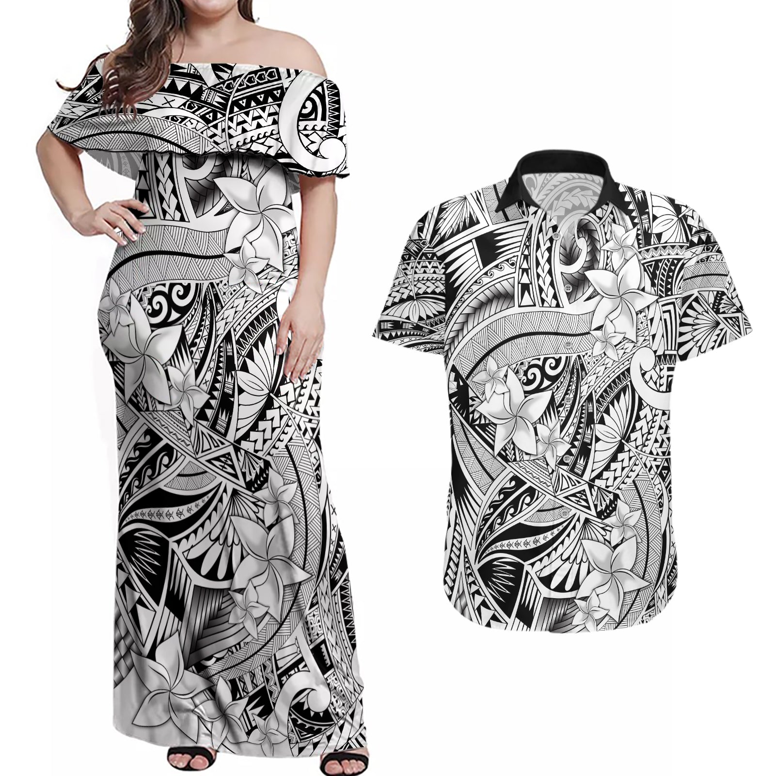 Polynesia Couples Matching Off Shoulder Maxi Dress and Hawaiian Shirt Tribal Polynesian Spirit With White Pacific Flowers LT9 - Wonder Print Shop