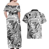Polynesia Couples Matching Off Shoulder Maxi Dress and Hawaiian Shirt Tribal Polynesian Spirit With White Pacific Flowers LT9 - Wonder Print Shop