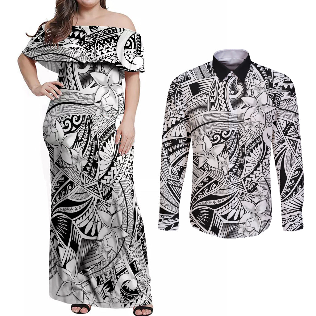 Polynesia Couples Matching Off Shoulder Maxi Dress and Long Sleeve Button Shirt Tribal Polynesian Spirit With White Pacific Flowers LT9 - Wonder Print Shop