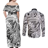 Polynesia Couples Matching Off Shoulder Maxi Dress and Long Sleeve Button Shirt Tribal Polynesian Spirit With White Pacific Flowers LT9 - Wonder Print Shop