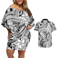 Polynesia Couples Matching Off Shoulder Short Dress and Hawaiian Shirt Tribal Polynesian Spirit With White Pacific Flowers LT9 - Wonder Print Shop