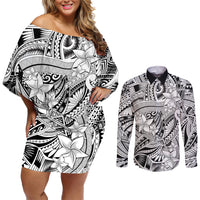 Polynesia Couples Matching Off Shoulder Short Dress and Long Sleeve Button Shirt Tribal Polynesian Spirit With White Pacific Flowers LT9 - Wonder Print Shop