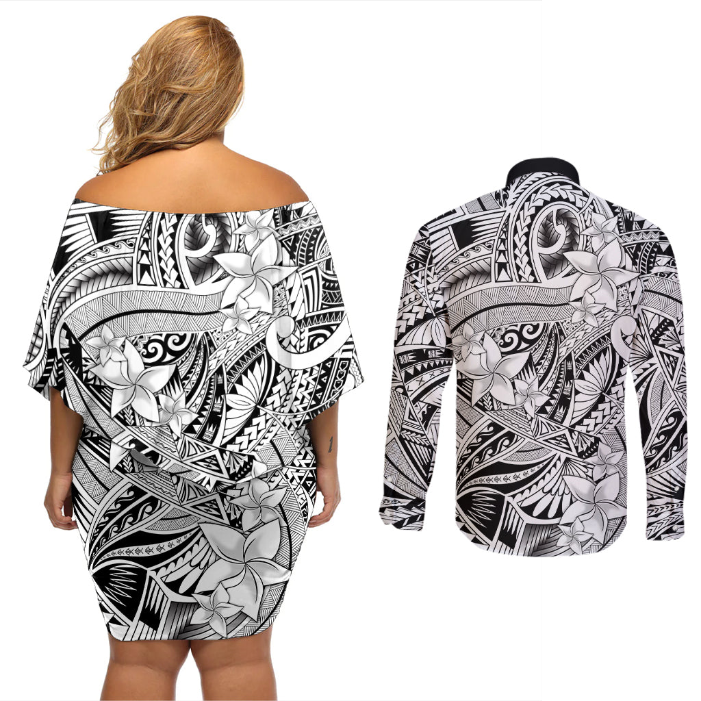 Polynesia Couples Matching Off Shoulder Short Dress and Long Sleeve Button Shirt Tribal Polynesian Spirit With White Pacific Flowers LT9 - Wonder Print Shop