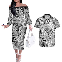 Polynesia Couples Matching Off The Shoulder Long Sleeve Dress and Hawaiian Shirt Tribal Polynesian Spirit With White Pacific Flowers LT9 - Wonder Print Shop
