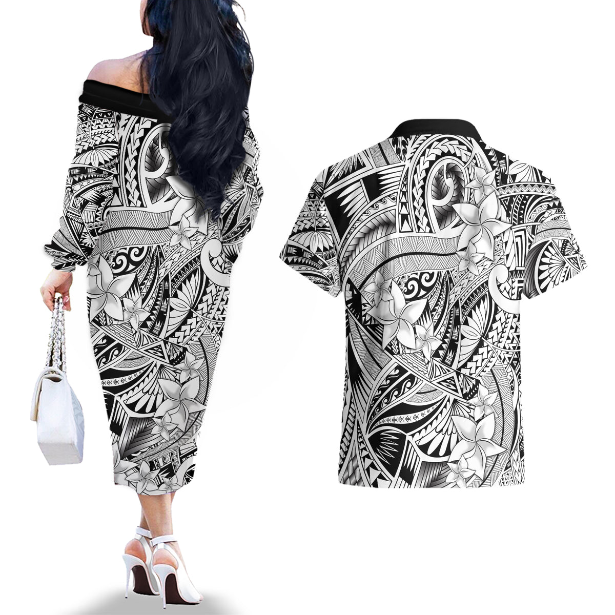 Polynesia Couples Matching Off The Shoulder Long Sleeve Dress and Hawaiian Shirt Tribal Polynesian Spirit With White Pacific Flowers LT9 - Wonder Print Shop