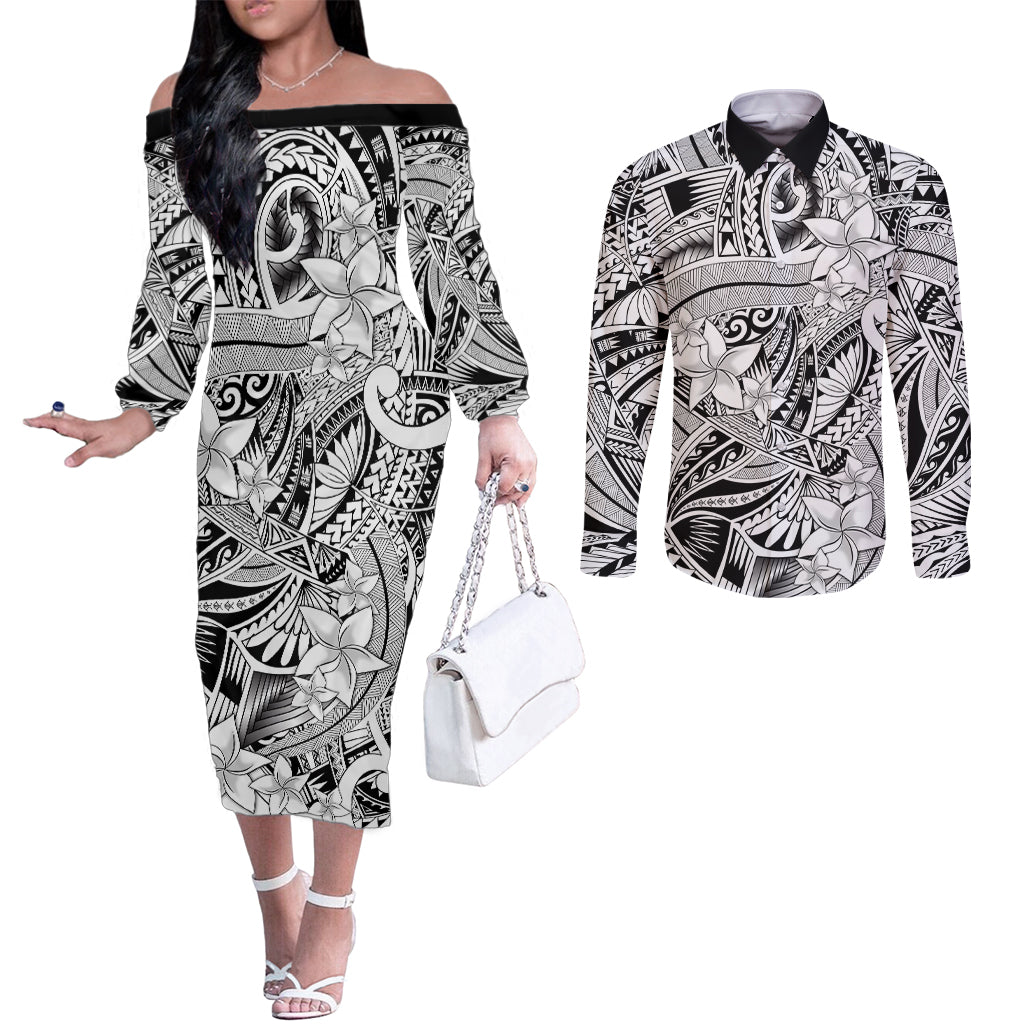 polynesia-couples-matching-off-the-shoulder-long-sleeve-dress-and-long-sleeve-button-shirt-tribal-polynesian-spirit-with-white-pacific-flowers