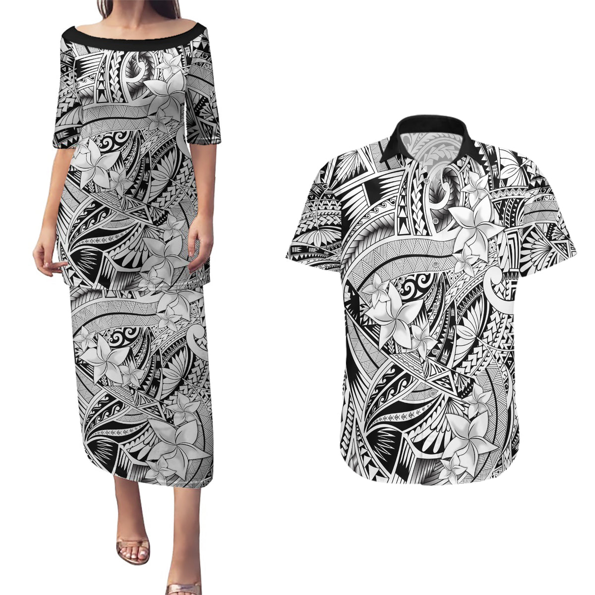 Polynesia Couples Matching Puletasi Dress and Hawaiian Shirt Tribal Polynesian Spirit With White Pacific Flowers LT9 - Wonder Print Shop