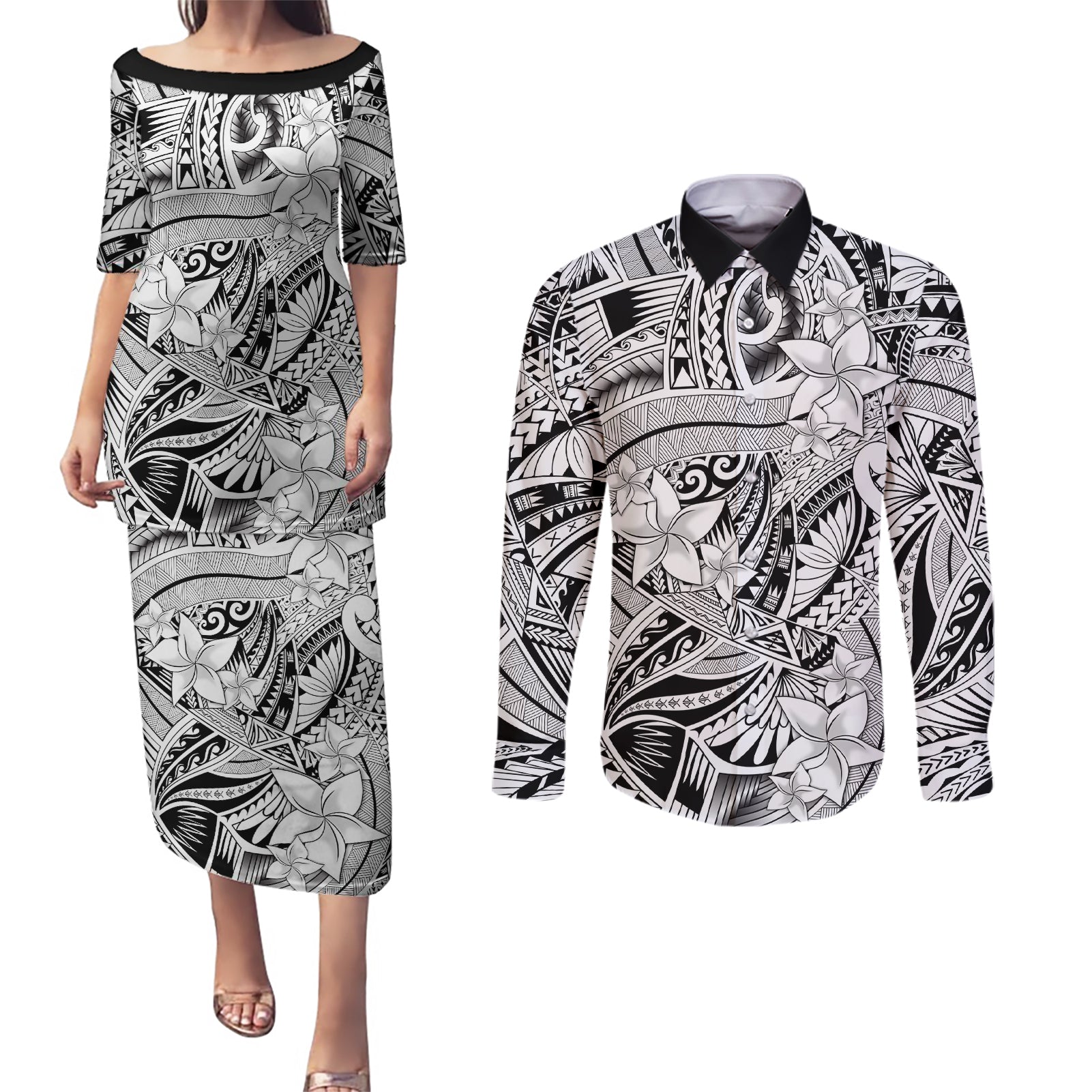 Polynesia Couples Matching Puletasi Dress and Long Sleeve Button Shirt Tribal Polynesian Spirit With White Pacific Flowers LT9 - Wonder Print Shop