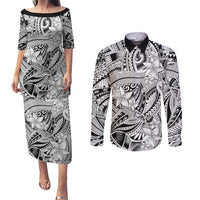 Polynesia Couples Matching Puletasi Dress and Long Sleeve Button Shirt Tribal Polynesian Spirit With White Pacific Flowers LT9 - Wonder Print Shop