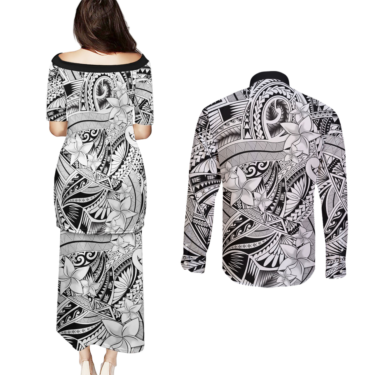 Polynesia Couples Matching Puletasi Dress and Long Sleeve Button Shirt Tribal Polynesian Spirit With White Pacific Flowers LT9 - Wonder Print Shop