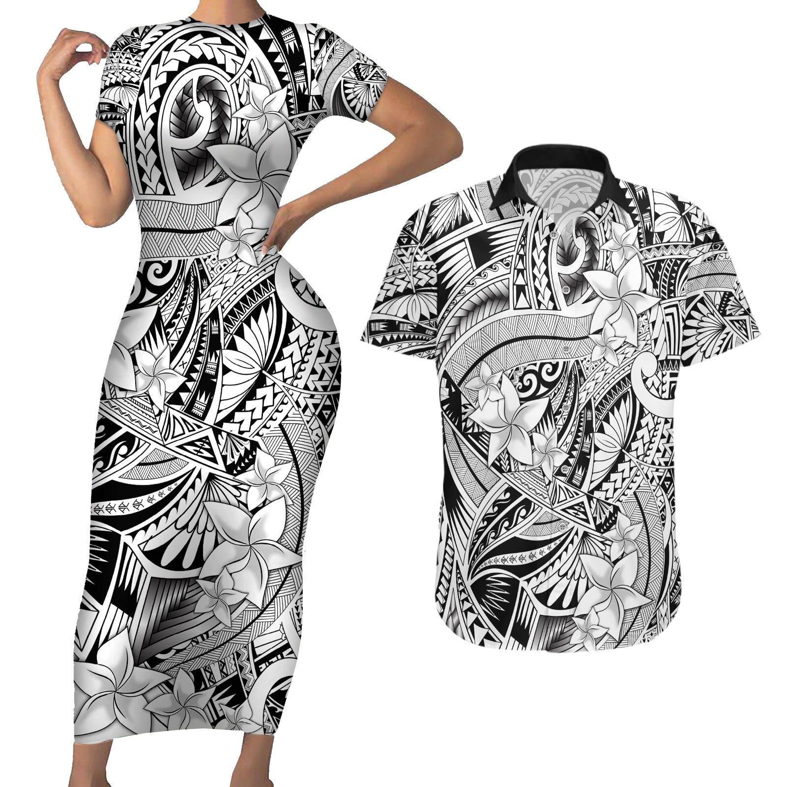 Polynesia Couples Matching Short Sleeve Bodycon Dress and Hawaiian Shirt Tribal Polynesian Spirit With White Pacific Flowers LT9 - Wonder Print Shop