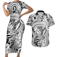 Polynesia Couples Matching Short Sleeve Bodycon Dress and Hawaiian Shirt Tribal Polynesian Spirit With White Pacific Flowers LT9 - Wonder Print Shop