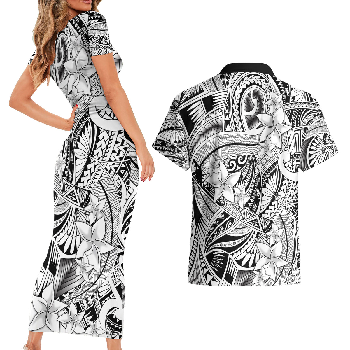 Polynesia Couples Matching Short Sleeve Bodycon Dress and Hawaiian Shirt Tribal Polynesian Spirit With White Pacific Flowers LT9 - Wonder Print Shop