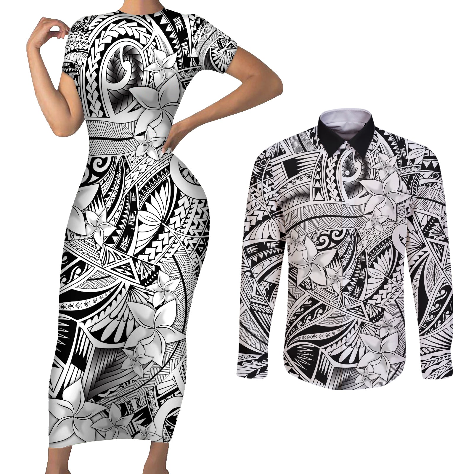 Polynesia Couples Matching Short Sleeve Bodycon Dress and Long Sleeve Button Shirt Tribal Polynesian Spirit With White Pacific Flowers LT9 - Wonder Print Shop
