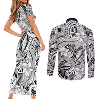 Polynesia Couples Matching Short Sleeve Bodycon Dress and Long Sleeve Button Shirt Tribal Polynesian Spirit With White Pacific Flowers LT9 - Wonder Print Shop