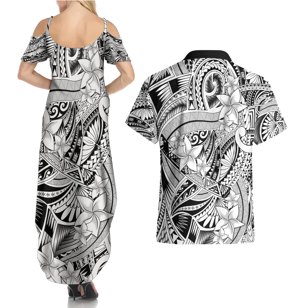 Polynesia Couples Matching Summer Maxi Dress and Hawaiian Shirt Tribal Polynesian Spirit With White Pacific Flowers LT9 - Wonder Print Shop