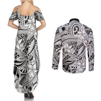 Polynesia Couples Matching Summer Maxi Dress and Long Sleeve Button Shirt Tribal Polynesian Spirit With White Pacific Flowers LT9 - Wonder Print Shop