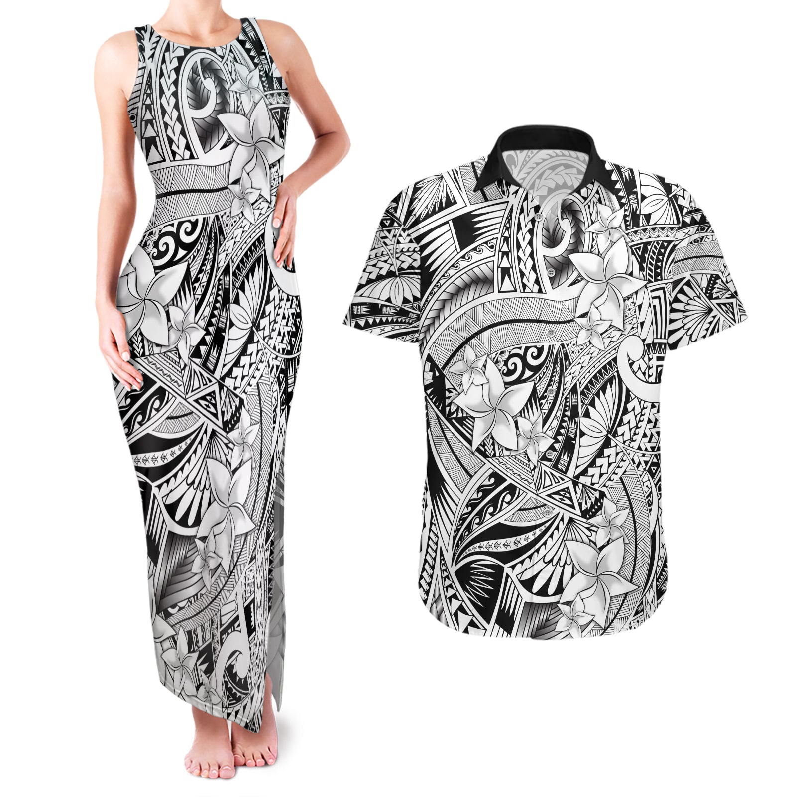 Polynesia Couples Matching Tank Maxi Dress and Hawaiian Shirt Tribal Polynesian Spirit With White Pacific Flowers LT9 - Wonder Print Shop