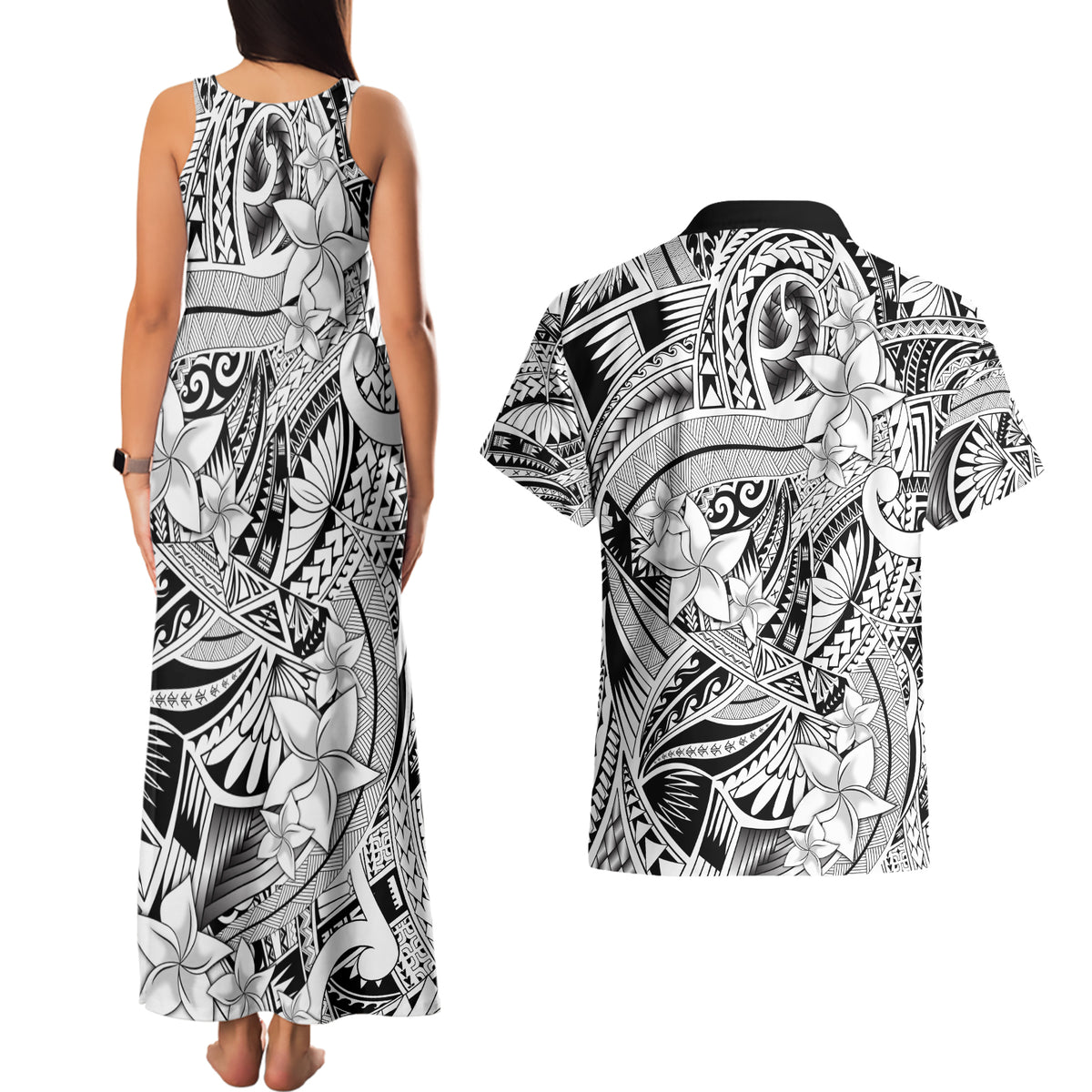 Polynesia Couples Matching Tank Maxi Dress and Hawaiian Shirt Tribal Polynesian Spirit With White Pacific Flowers LT9 - Wonder Print Shop