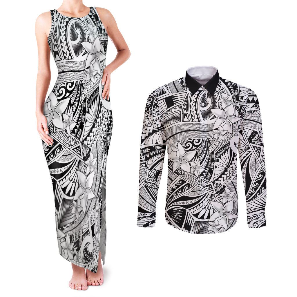 Polynesia Couples Matching Tank Maxi Dress and Long Sleeve Button Shirt Tribal Polynesian Spirit With White Pacific Flowers LT9 - Wonder Print Shop