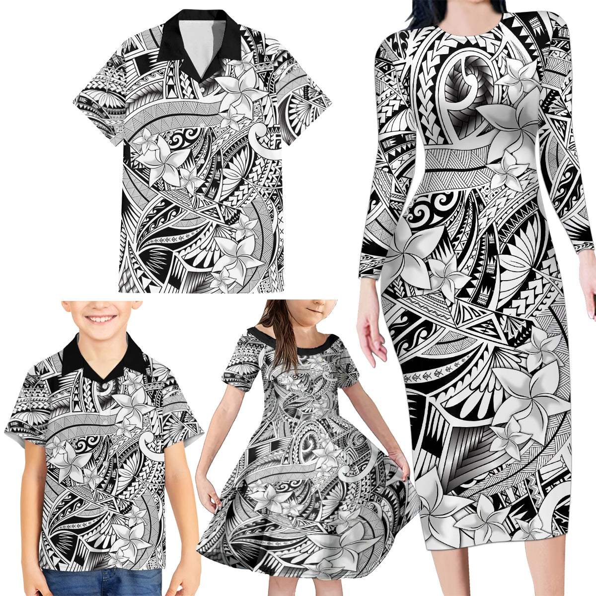 Polynesia Family Matching Long Sleeve Bodycon Dress and Hawaiian Shirt Tribal Polynesian Spirit With White Pacific Flowers LT9 - Wonder Print Shop