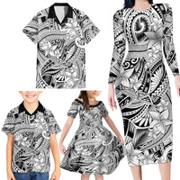 Polynesia Family Matching Long Sleeve Bodycon Dress and Hawaiian Shirt Tribal Polynesian Spirit With White Pacific Flowers LT9 - Wonder Print Shop