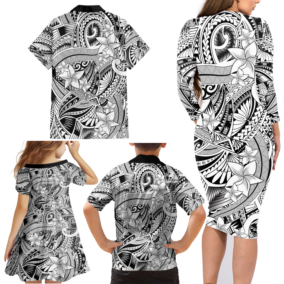 Polynesia Family Matching Long Sleeve Bodycon Dress and Hawaiian Shirt Tribal Polynesian Spirit With White Pacific Flowers LT9 - Wonder Print Shop