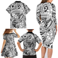 Polynesia Family Matching Long Sleeve Bodycon Dress and Hawaiian Shirt Tribal Polynesian Spirit With White Pacific Flowers LT9 - Wonder Print Shop