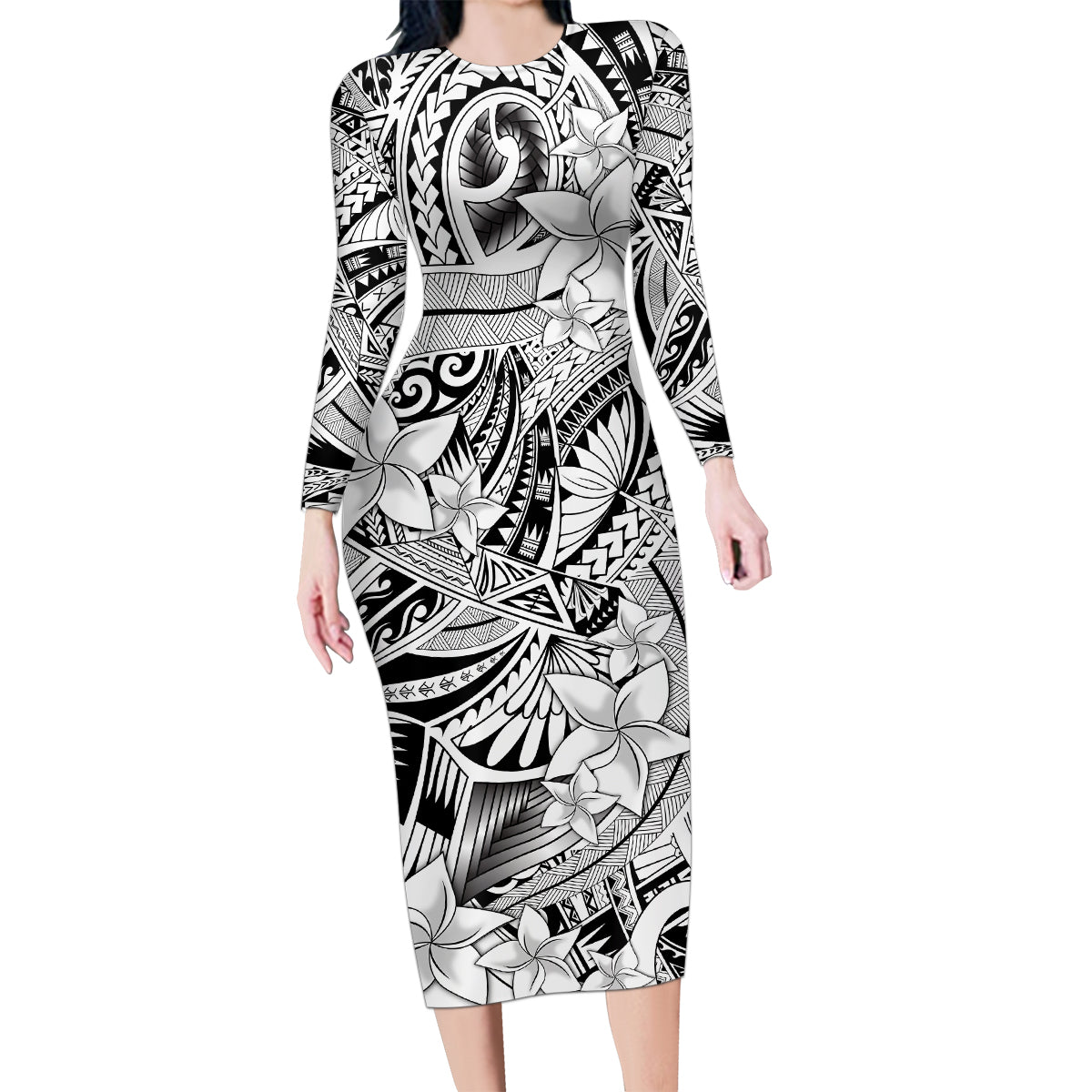 Polynesia Family Matching Long Sleeve Bodycon Dress and Hawaiian Shirt Tribal Polynesian Spirit With White Pacific Flowers LT9 - Wonder Print Shop