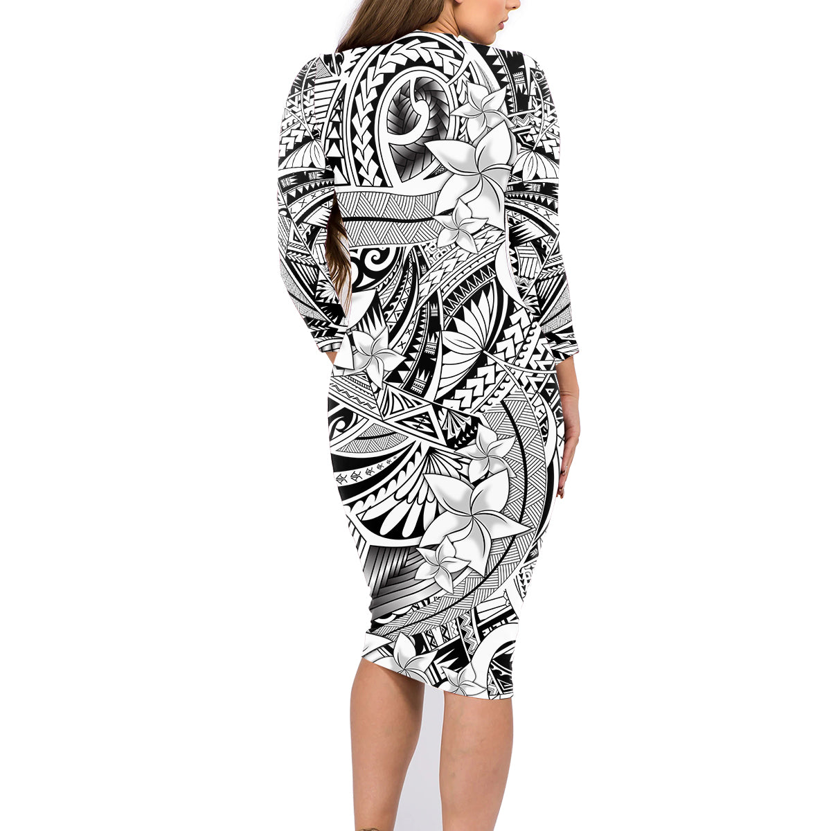 Polynesia Family Matching Long Sleeve Bodycon Dress and Hawaiian Shirt Tribal Polynesian Spirit With White Pacific Flowers LT9 - Wonder Print Shop