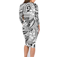 Polynesia Family Matching Long Sleeve Bodycon Dress and Hawaiian Shirt Tribal Polynesian Spirit With White Pacific Flowers LT9 - Wonder Print Shop