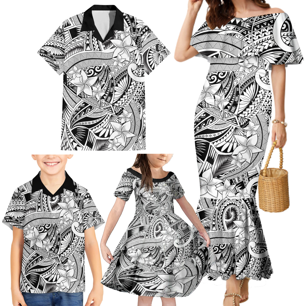 Polynesia Family Matching Mermaid Dress and Hawaiian Shirt Tribal Polynesian Spirit With White Pacific Flowers LT9 - Wonder Print Shop