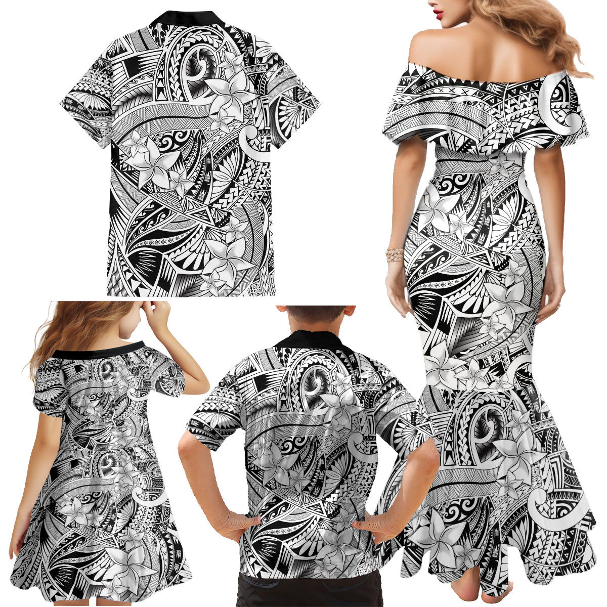 Polynesia Family Matching Mermaid Dress and Hawaiian Shirt Tribal Polynesian Spirit With White Pacific Flowers LT9 - Wonder Print Shop