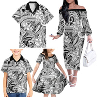 Polynesia Family Matching Off Shoulder Long Sleeve Dress and Hawaiian Shirt Tribal Polynesian Spirit With White Pacific Flowers - Wonder Print Shop