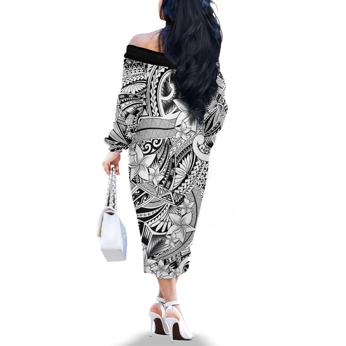 Polynesia Family Matching Off Shoulder Long Sleeve Dress and Hawaiian Shirt Tribal Polynesian Spirit With White Pacific Flowers - Wonder Print Shop