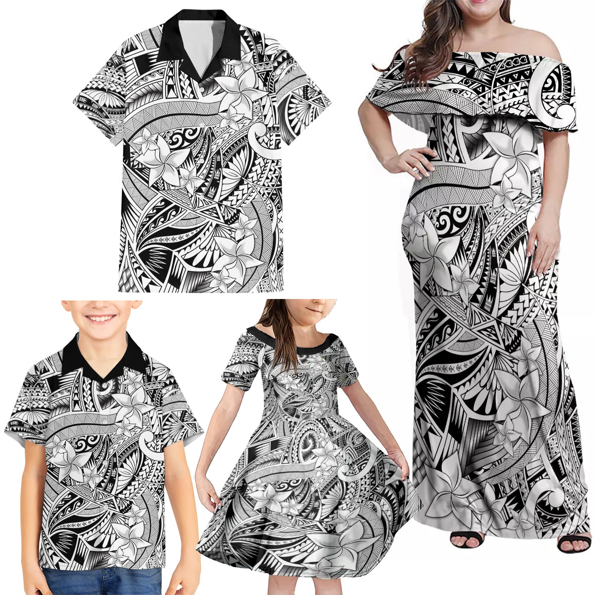 Polynesia Family Matching Off Shoulder Maxi Dress and Hawaiian Shirt Tribal Polynesian Spirit With White Pacific Flowers LT9 - Wonder Print Shop