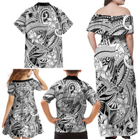 Polynesia Family Matching Off Shoulder Maxi Dress and Hawaiian Shirt Tribal Polynesian Spirit With White Pacific Flowers LT9 - Wonder Print Shop