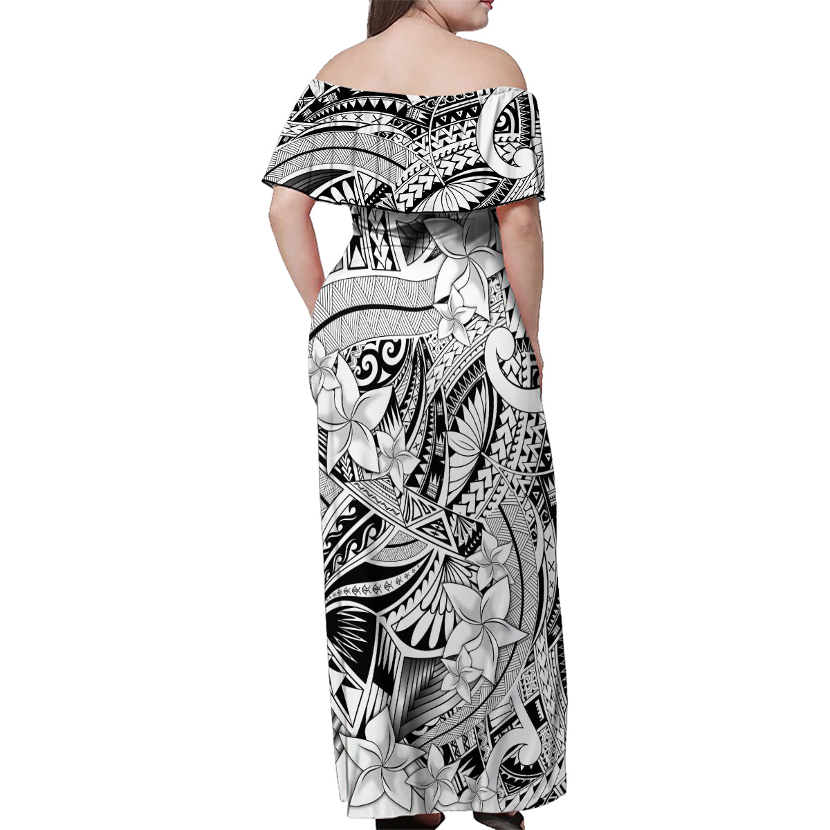 Polynesia Family Matching Off Shoulder Maxi Dress and Hawaiian Shirt Tribal Polynesian Spirit With White Pacific Flowers LT9 - Wonder Print Shop