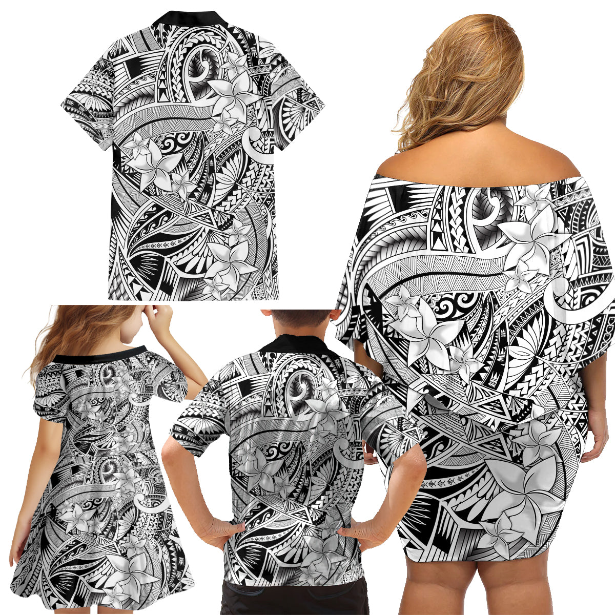 Polynesia Family Matching Off Shoulder Short Dress and Hawaiian Shirt Tribal Polynesian Spirit With White Pacific Flowers LT9 - Wonder Print Shop