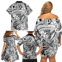 Polynesia Family Matching Off Shoulder Short Dress and Hawaiian Shirt Tribal Polynesian Spirit With White Pacific Flowers LT9 - Wonder Print Shop